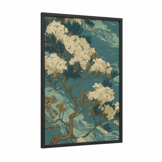 Cream Juniper framed juniper tree print — black wood frame — teal and cream palette