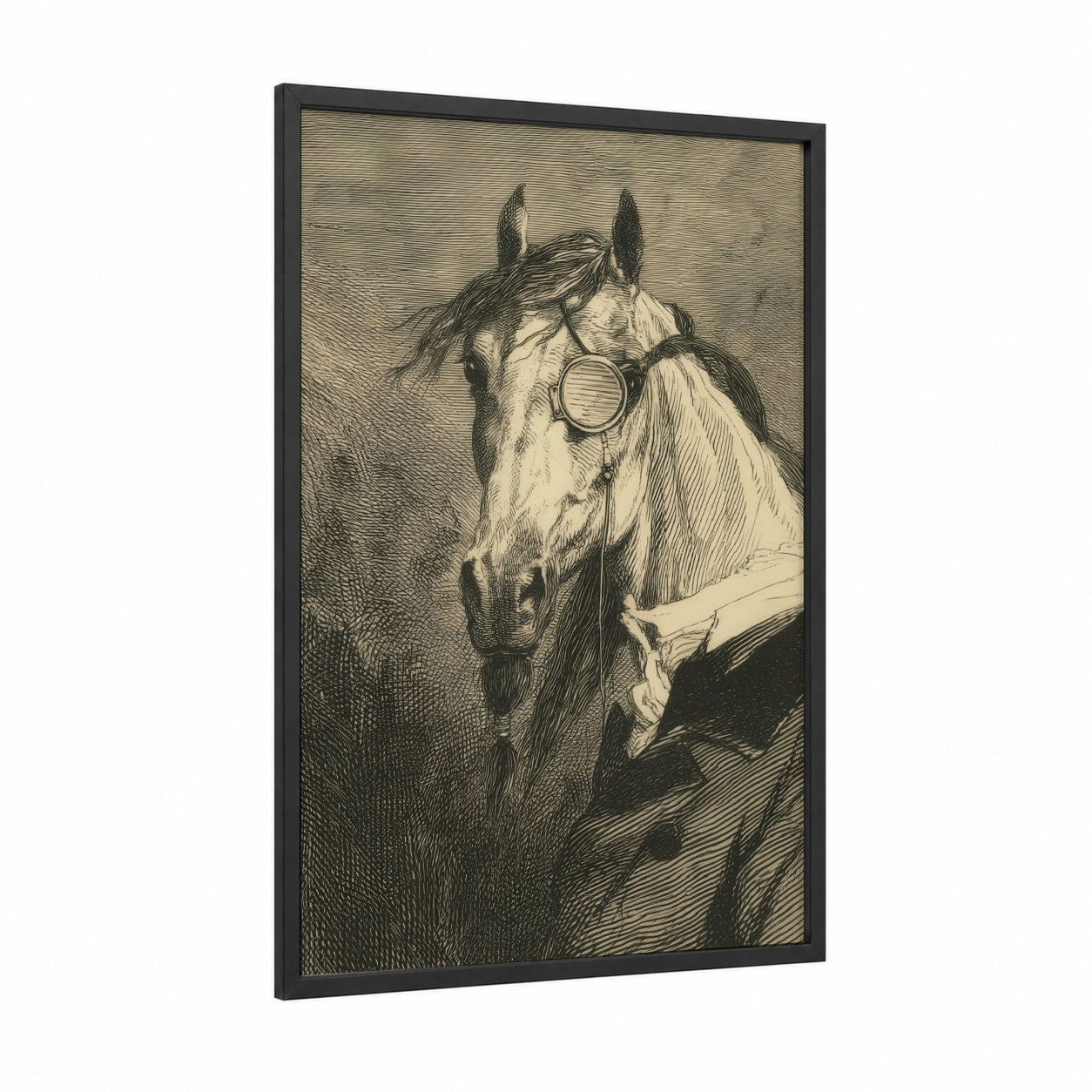Steampunk Arabian framed arabian horse print — black wood frame — black and white and cream palette