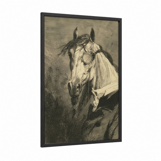 Steampunk Arabian framed arabian horse print — black wood frame — black and white and cream palette