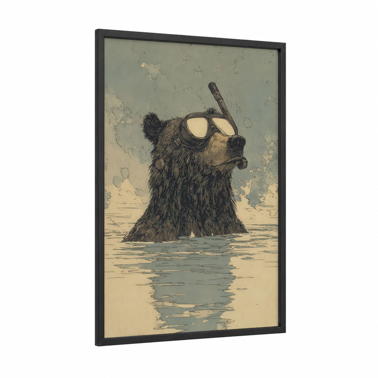 Snorkeling Grizzly framed grizzly bear print — black wood frame — beige and sage green palette