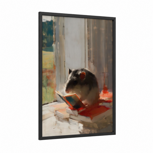 Reading Gerbil framed art print — black wood frame — cream and brown palette