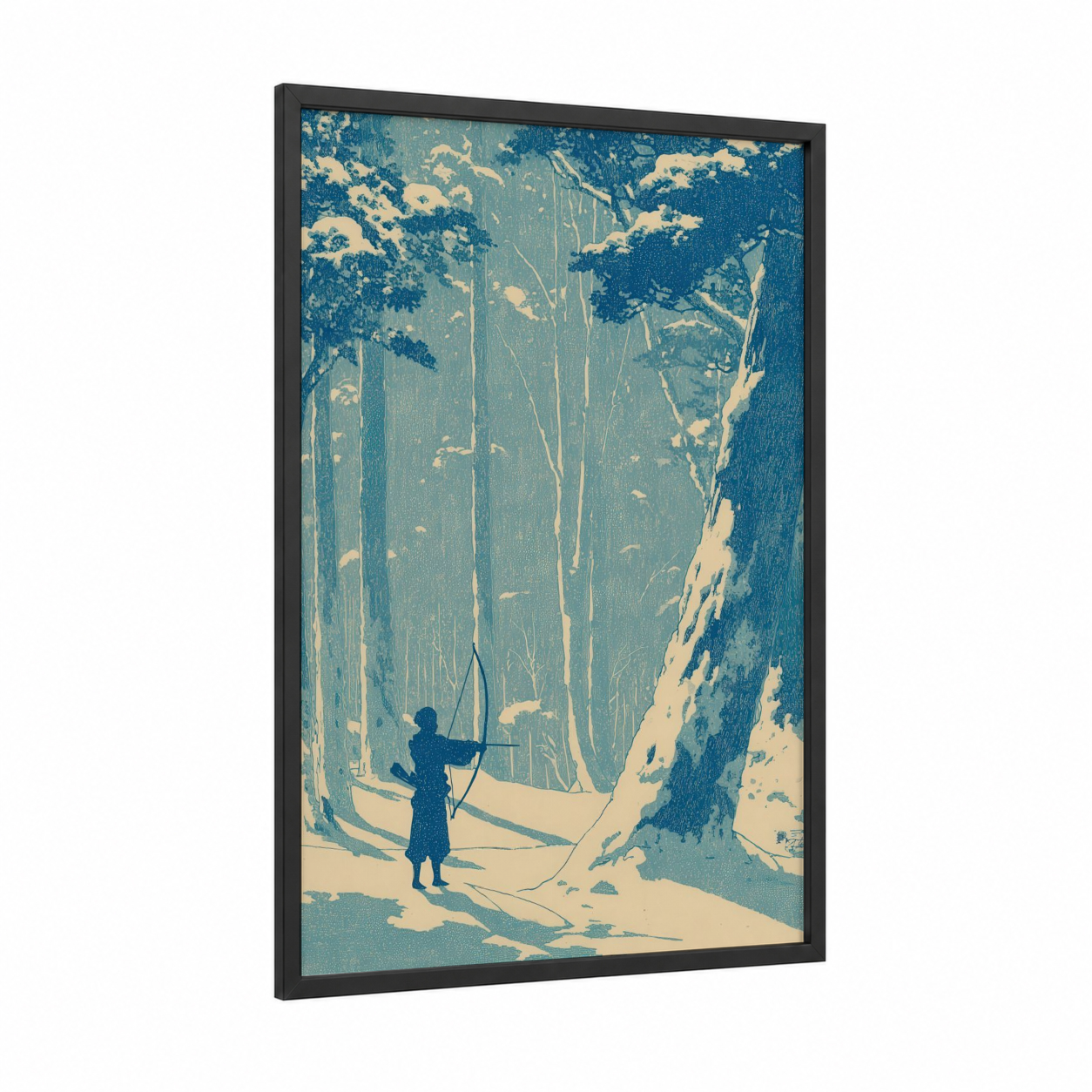 Winter Archer framed archery print — black wood frame — blue and cream palette