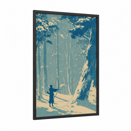 Winter Archer framed archery print — black wood frame — blue and cream palette