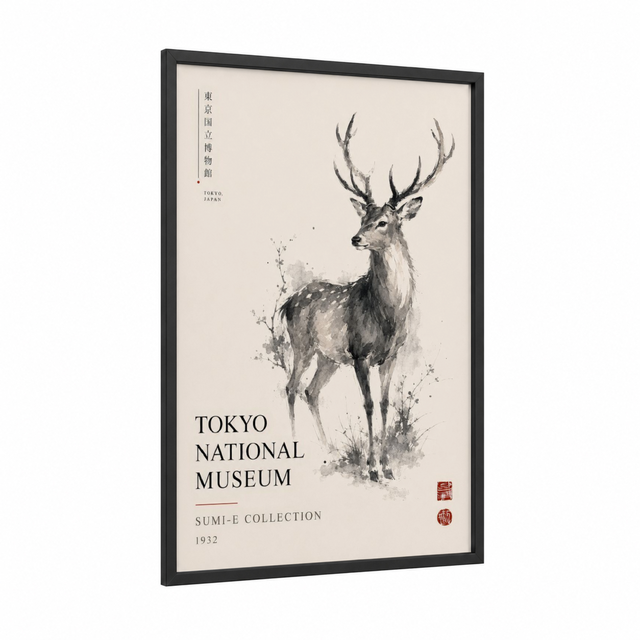 Japanese Deer Museum Wall Art framed art print — black wood frame — black and white and beige palette