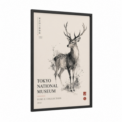 Japanese Deer Museum Wall Art framed art print — black wood frame — black and white and beige palette
