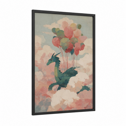 Balloon Dragon framed art print — black wood frame — peach and sage green palette