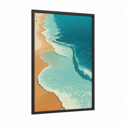 Turquoise Waves Beach framed sandy beach print — black wood frame — turquoise and gold palette