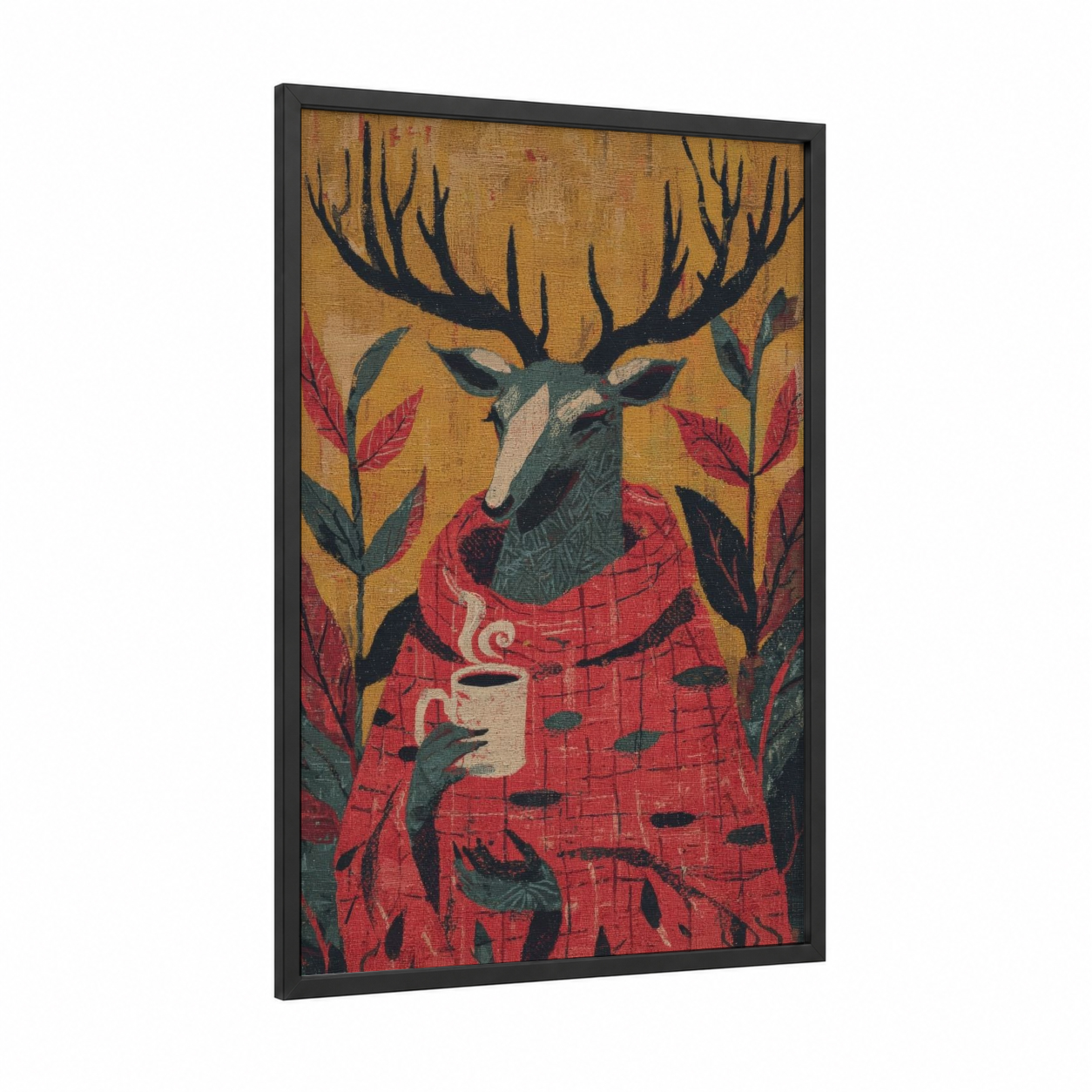 Cozy Reindeer framed art print — black wood frame — gold and red palette