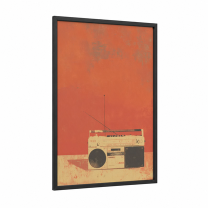 Vintage Boombox framed art print — black wood frame — red and peach palette