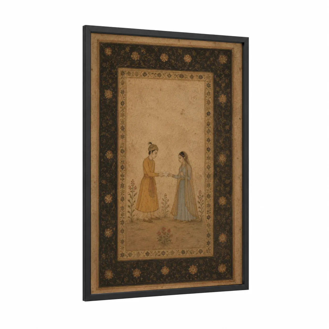 Mughal Courtship Scene Wall Art framed couple print — black wood frame — beige and gold palette
