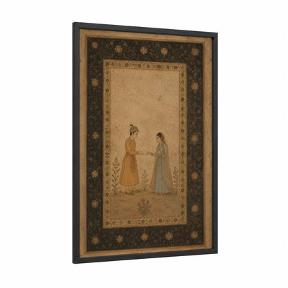 Mughal Courtship Scene Wall Art framed couple print — black wood frame — beige and gold palette