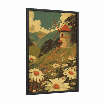 Rustic Windmill Garden framed windmills print — black wood frame — gold and teal palette