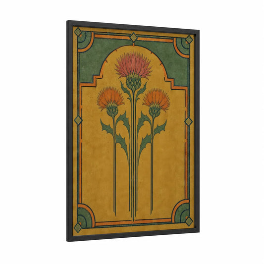 Art Deco Thistle Botanical Wall Art framed flower print — black wood frame — mustard and dark green palette