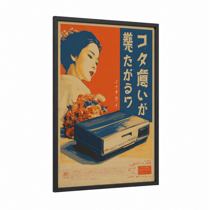 Vintage Japanese Ad framed vintage japanese ads print — black wood frame — red and gold palette