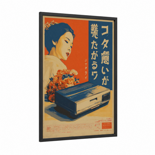 Vintage Japanese Ad framed vintage japanese ads print — black wood frame — red and gold palette