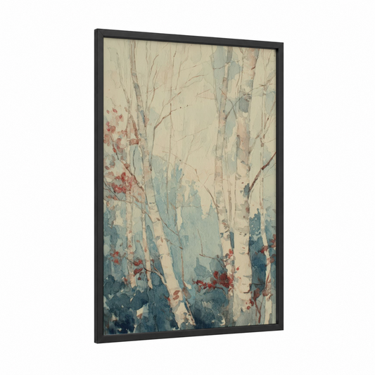 Birch Forest Serenity framed art print — black wood frame — cream and teal palette