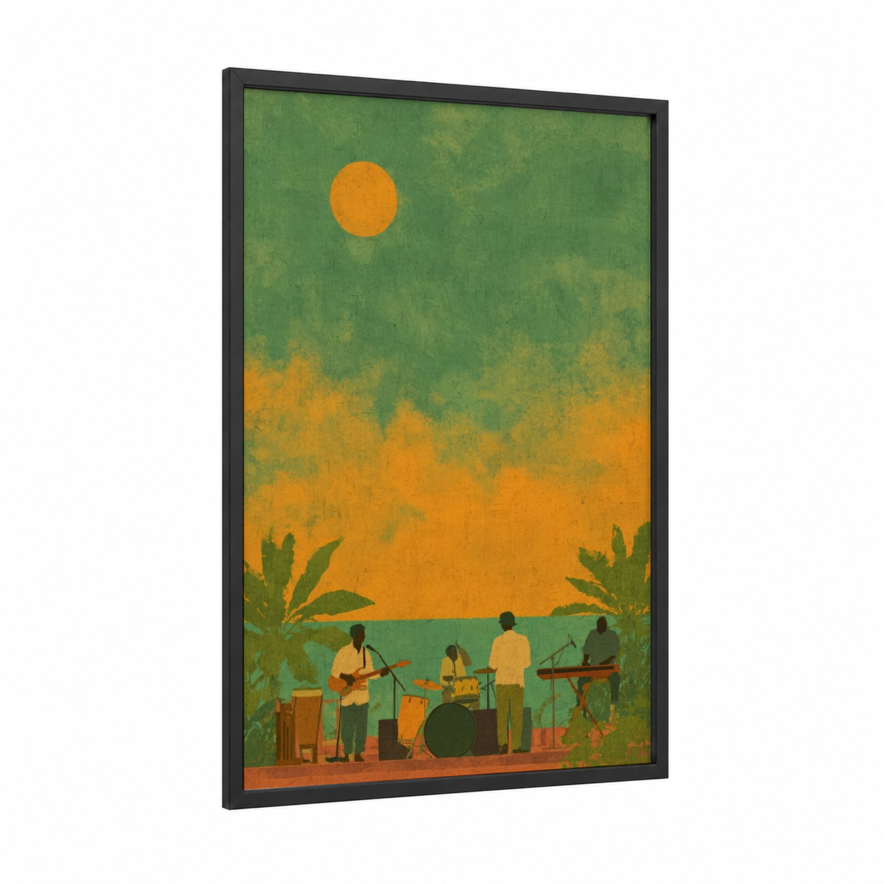 Sunset Reggae Band framed art print — black wood frame — gold and green palette