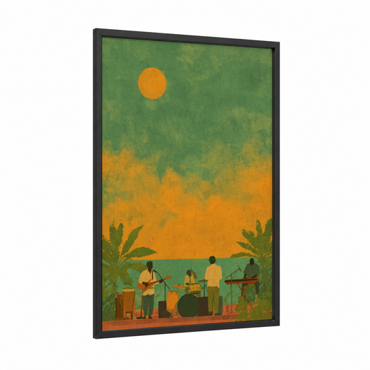 Sunset Reggae Band framed art print — black wood frame — gold and green palette