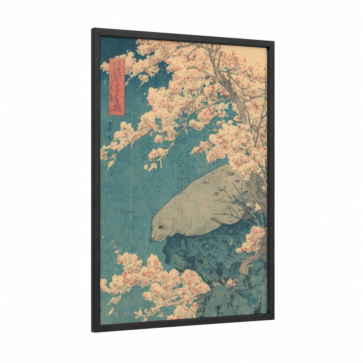 Cherry Blossom Seal framed art print — black wood frame — teal and peach palette