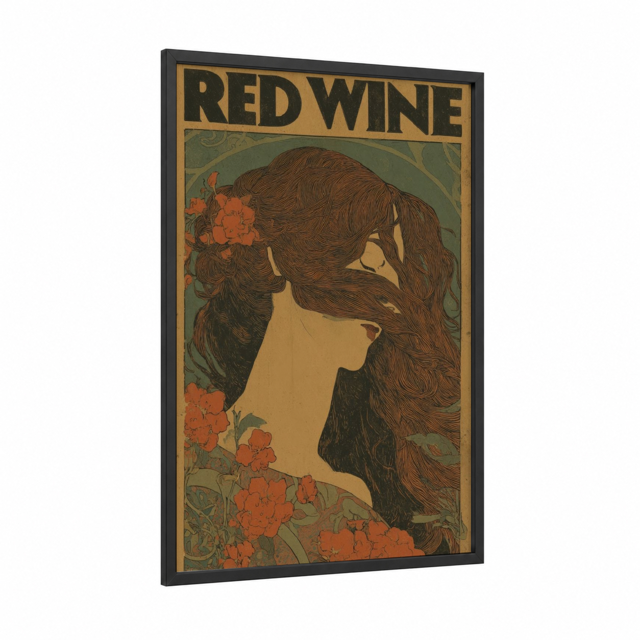 Red Wine Portrait framed art print — black wood frame — sage green palette