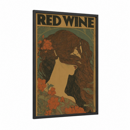 Red Wine Portrait framed art print — black wood frame — sage green palette