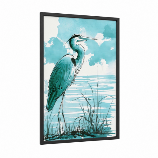 Coastal Heron framed art print — black wood frame — blue and white and teal palette
