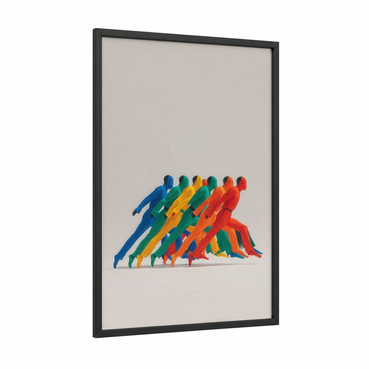 Colorful Motion Ensemble framed modern dance print — black wood frame — blue and orange palette