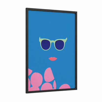Retro Cool Shades framed fashion illustration print — black wood frame — blue and pink palette