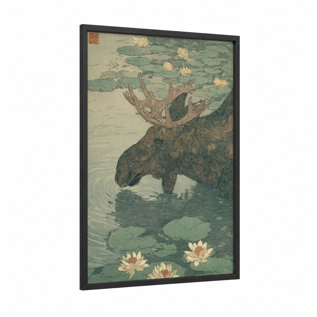 Moose Lily Pond framed art print — black wood frame — sage green and cream palette