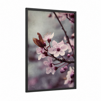 Spring Cherry Blossoms framed art print — black wood frame — pink and gray palette