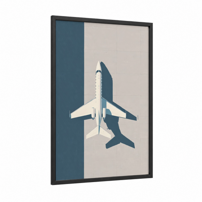 Minimalist Jet framed private jet print — black wood frame — cream and dark blue palette
