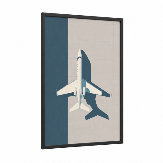 Minimalist Jet framed private jet print — black wood frame — cream and dark blue palette