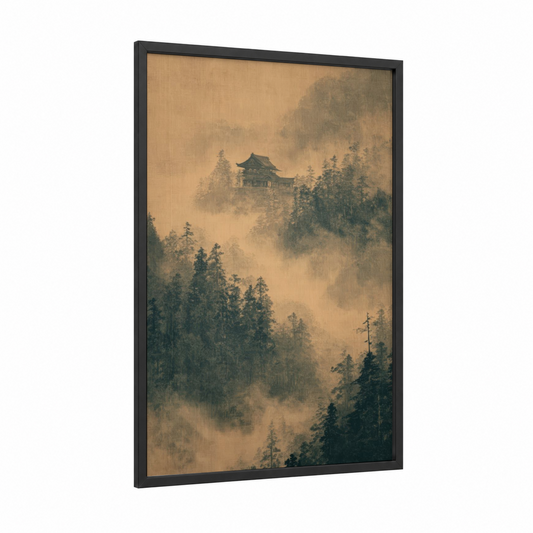 Mountain Temple Mist framed art print — black wood frame — gold and gray palette