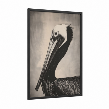 Profile Pelican framed art print — black wood frame — black and white and gray palette