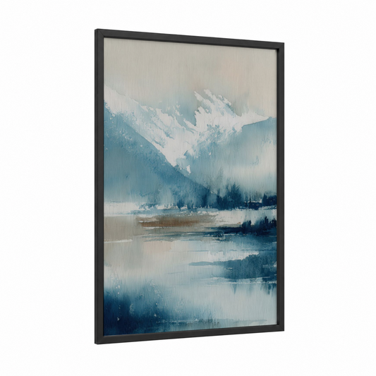 Misty Glacier Valley framed art print — black wood frame — blue and white palette