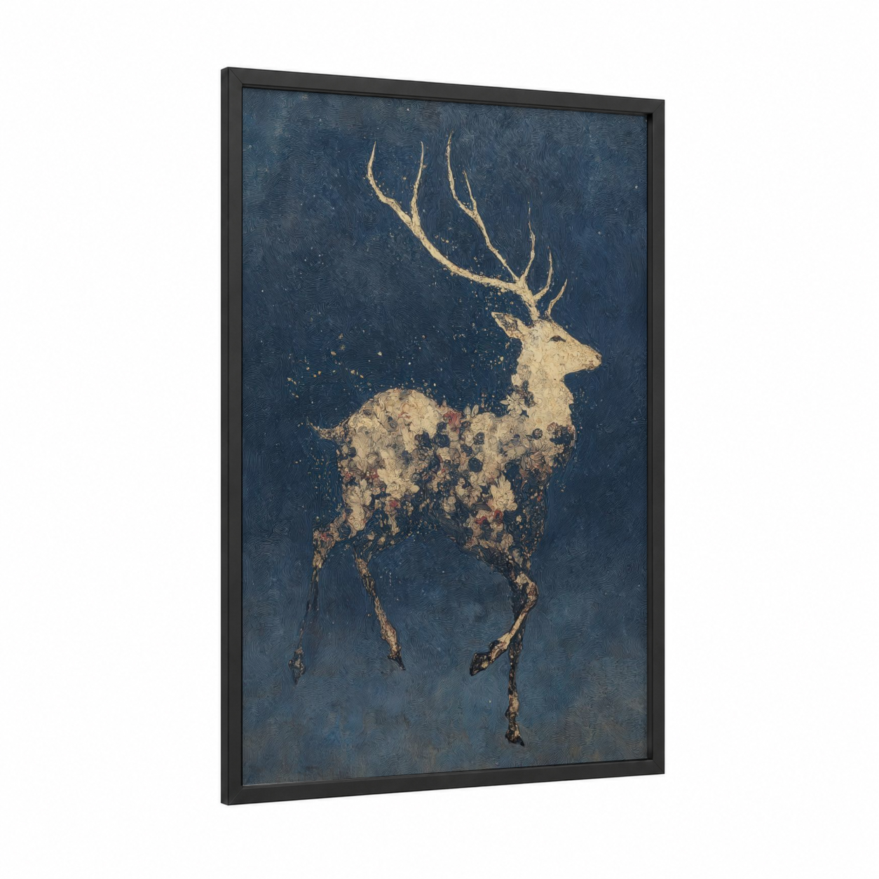 Golden Reindeer framed art print — black wood frame — dark blue and gold palette