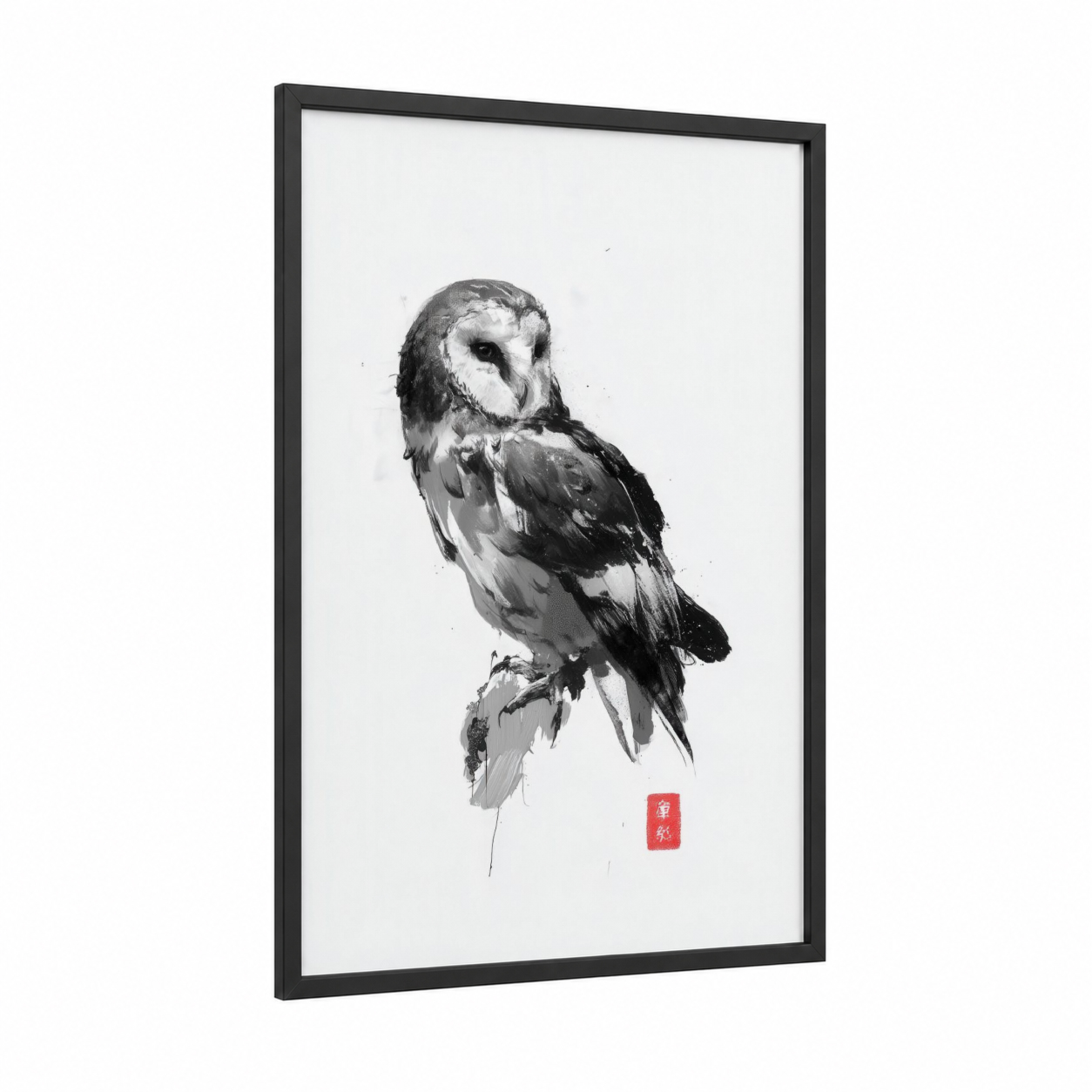 Vigilant Owl framed art print — black wood frame — black and white and gray palette