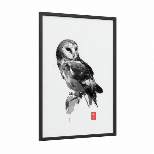 Vigilant Owl framed art print — black wood frame — black and white and gray palette
