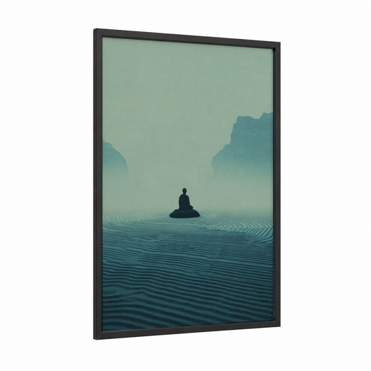 Meditative Stillness framed buddhism print — black wood frame — sage green and teal palette