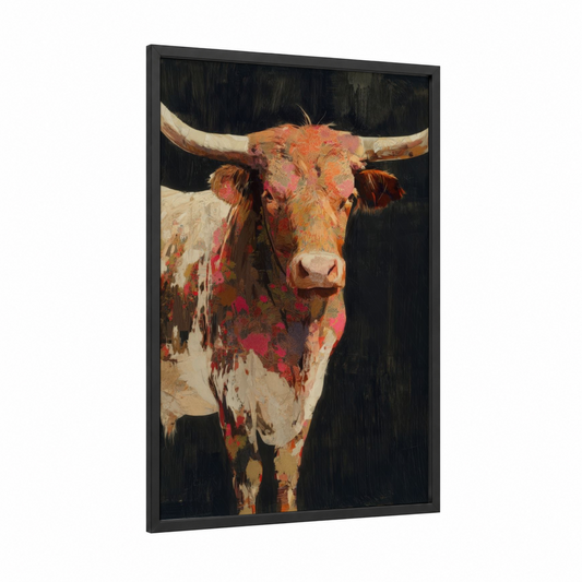 Painted Longhorn framed longhorn cow print — black wood frame — red and gold palette