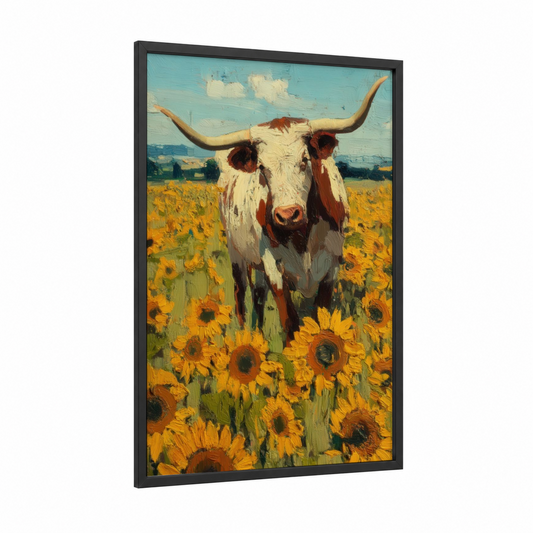 Sunflower Longhorn framed longhorn cow print — black wood frame — gold and turquoise palette