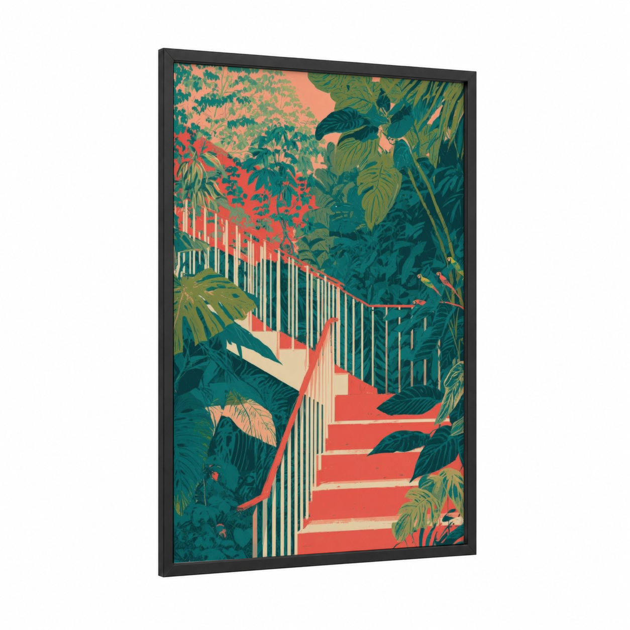 Jungle Staircase framed art print — black wood frame — teal and salmon pink palette