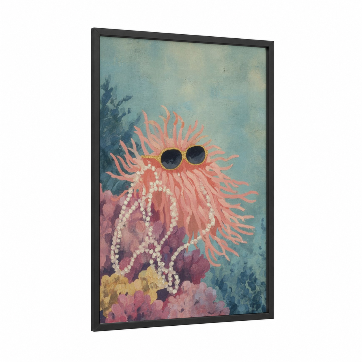 Pearl Anemone framed sea anemone print — black wood frame — pink and blue palette