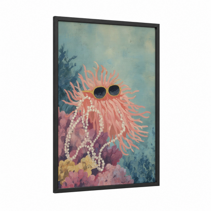 Pearl Anemone framed sea anemone print — black wood frame — pink and blue palette