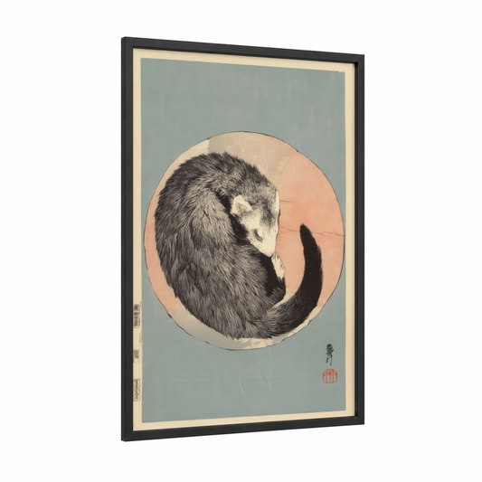 Curled Ferret framed art print — black wood frame — peach and bermuda gray palette