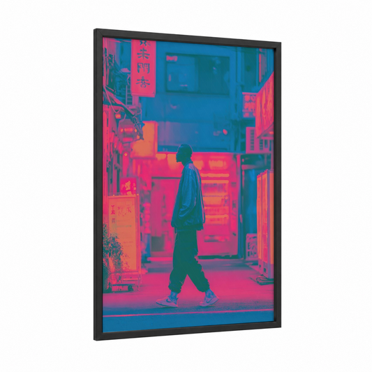 Neon Street Walker framed fashion photography print — black wood frame — magenta and blue palette