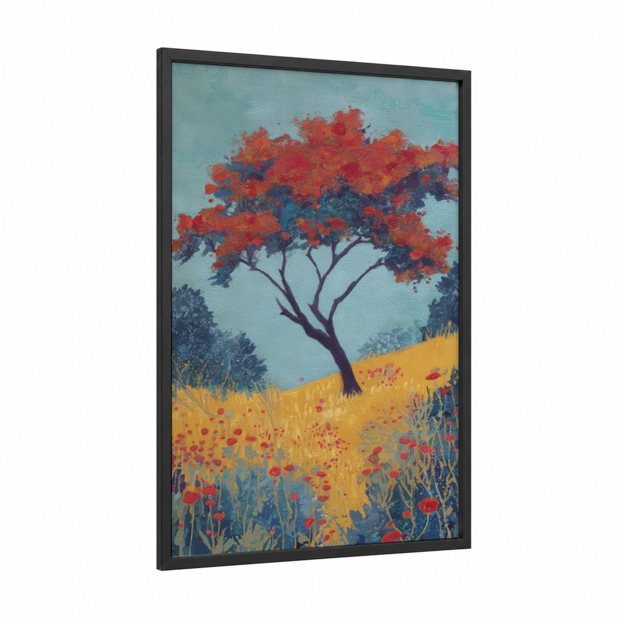 Crimson Arbutus framed arbutus tree print — black wood frame — red and aquamarine palette