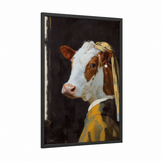 Pearl Dairy Cow framed jersey cow print — black wood frame — brown and cream palette