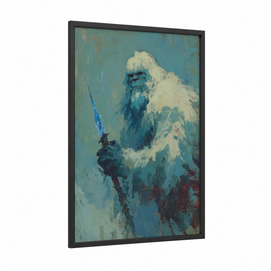 Snowy Yeti Guardian framed art print — black wood frame — blue and white palette