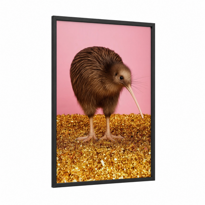 Golden Kiwi framed art print — black wood frame — pink and yellow gold palette